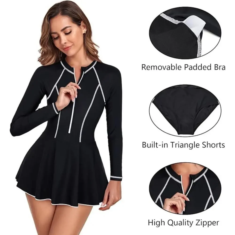 Women Swim Black Long Sleeve RashGuard One Piece Swim Dress Sz Large, Modest EUC